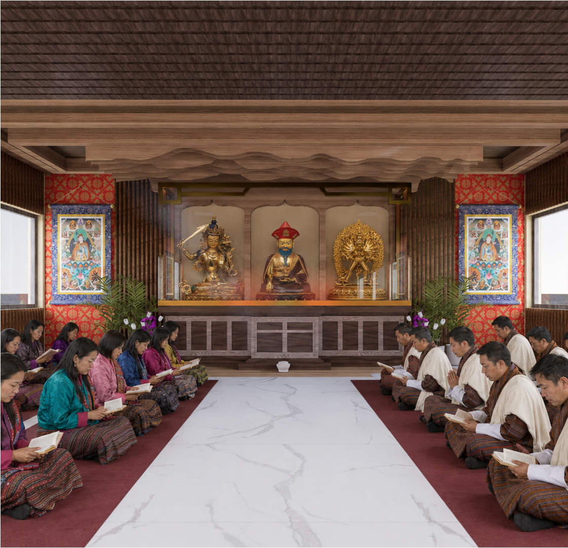 Rendering of the renewed Prayer Hall, with students seated in rows before the altar
