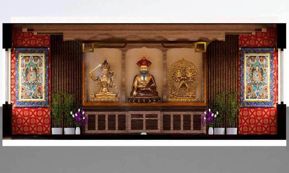 Rendering of the altar with three sacred statues behind clear glass