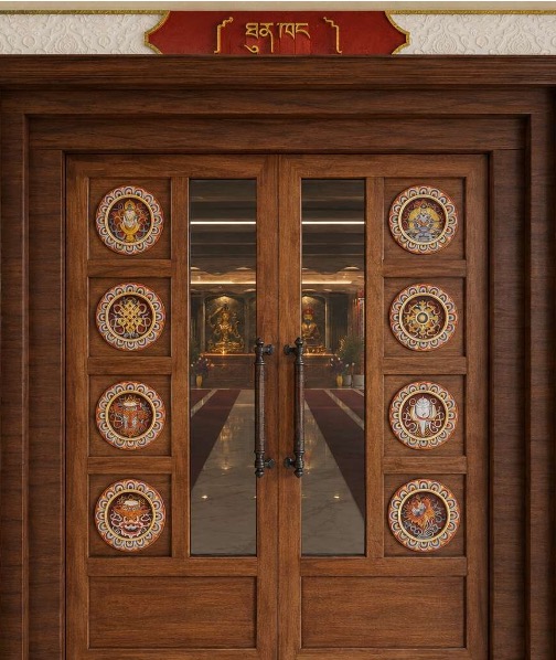 Proposed carved wooden door with the Eight Auspicious Symbols and glass panels