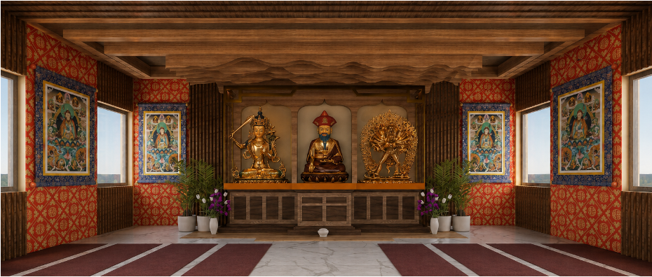 Rendering of the renewed hall interior with thangkas, painted walls and the altar