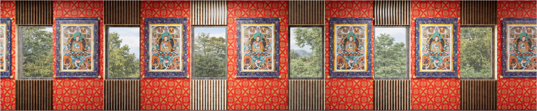 Rendering of the painted side walls with thangkas between the windows